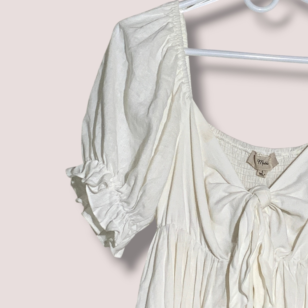 NWT MABLE ARIYA FRONT RIBBON TIED MINI Dress In OFF WHITE SZ L - Picture 7 of 16